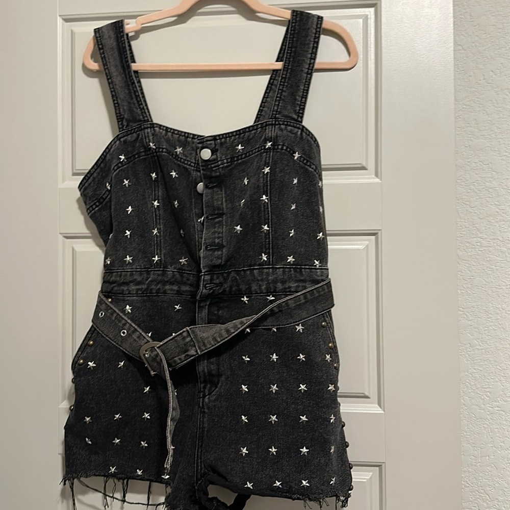 COPY - Black studded denim romper with adjustable straps and belt! ONLY WORN ON…